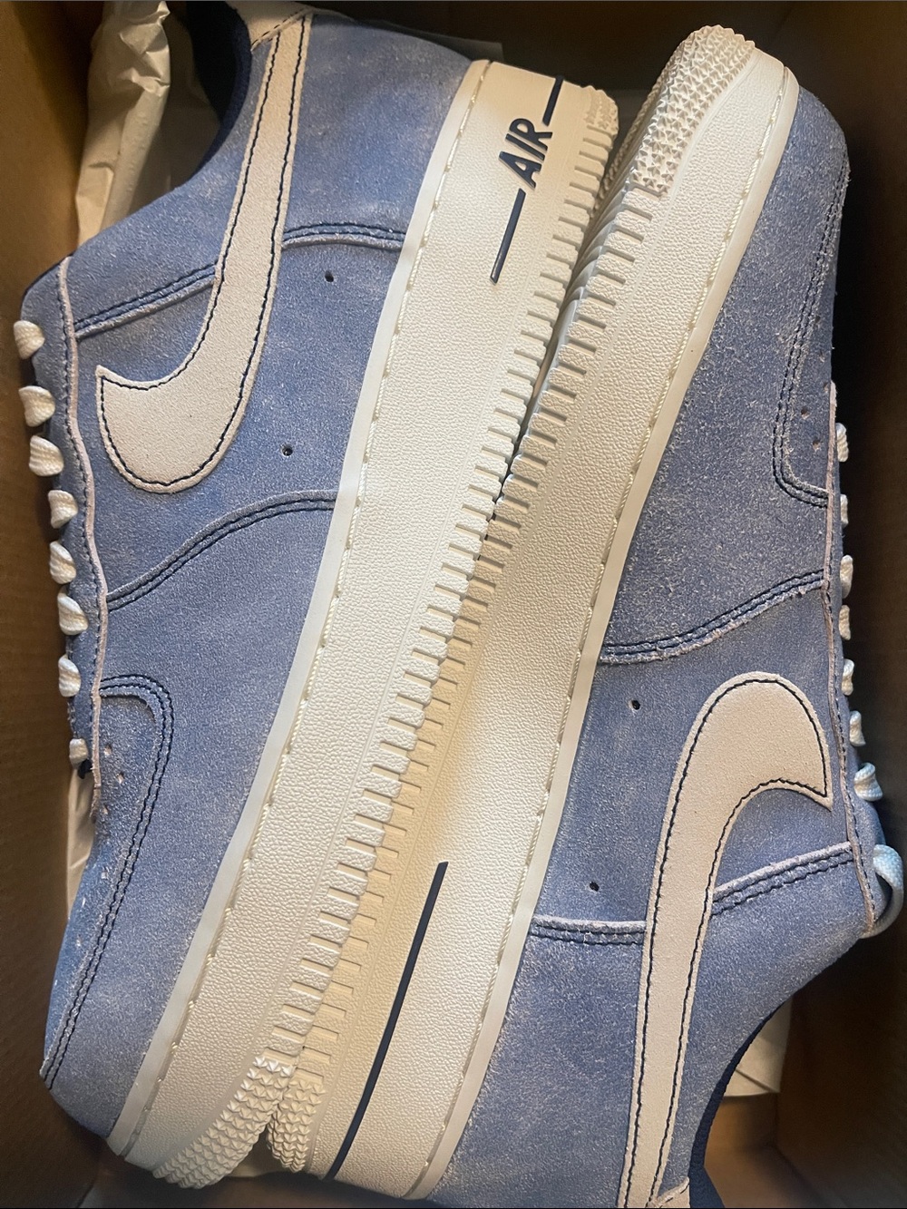 Nike Suede Low-Top Air Force 1 Sneakers in Dusty Blue and Cream